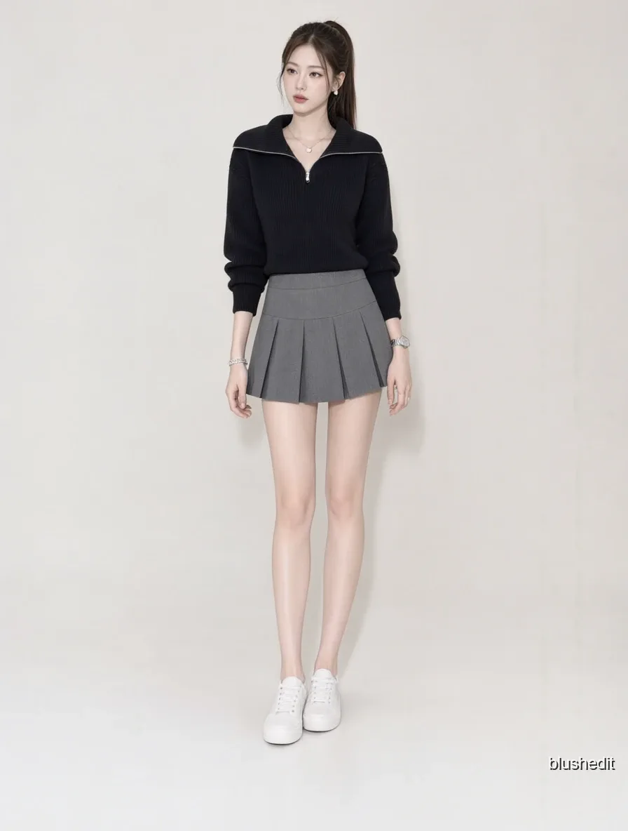 Black Half-Zip and Grey Pleats