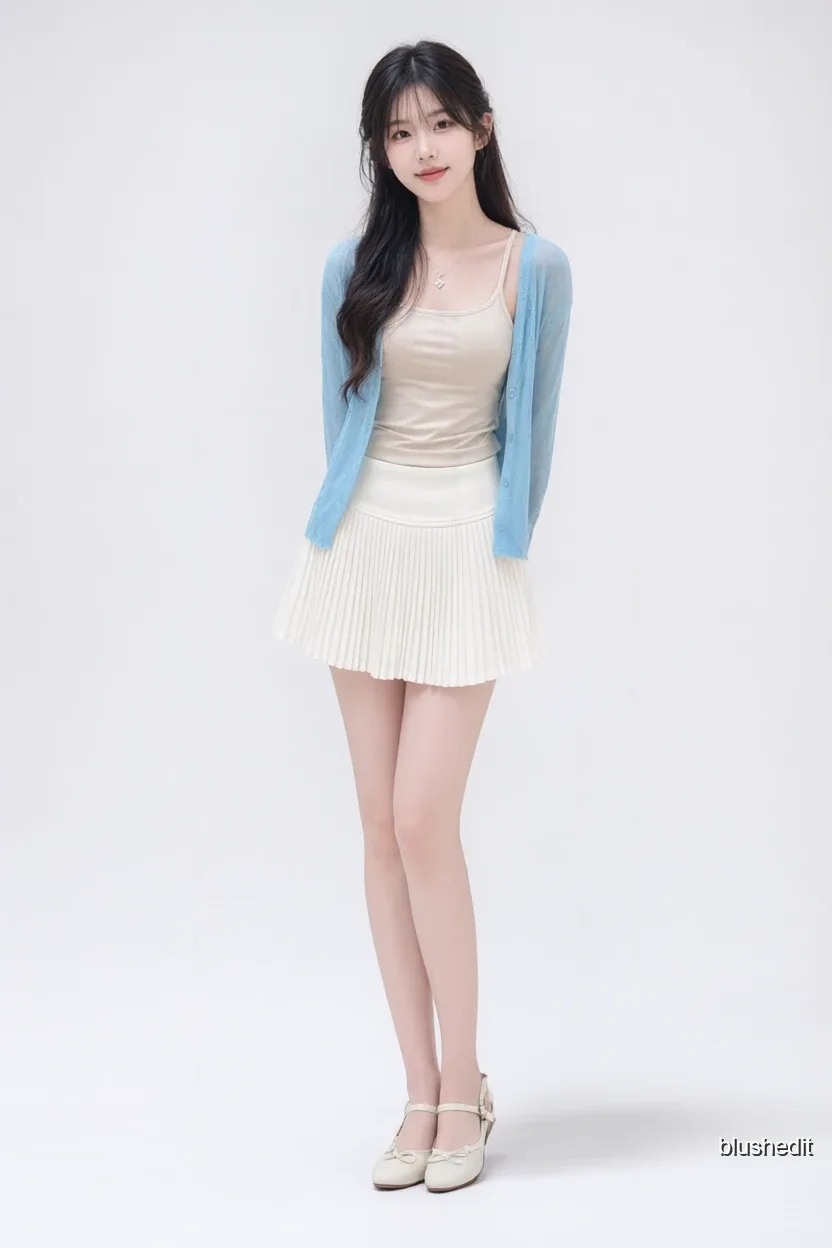Blue Cardigan Over White Pleats