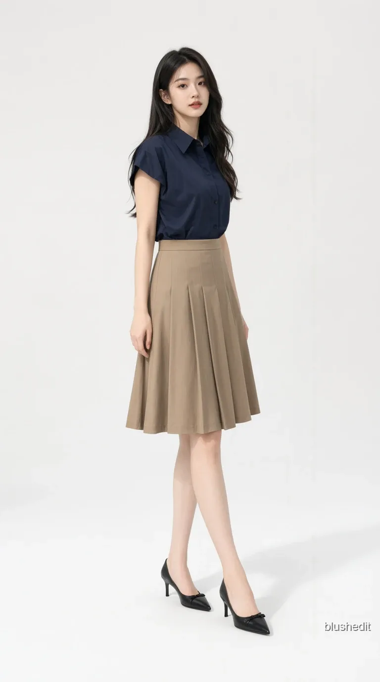 Navy Button-Up and Khaki Pleats