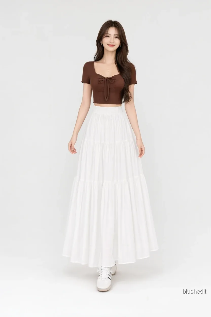 Brown Crop Top and Flowy White Maxi
