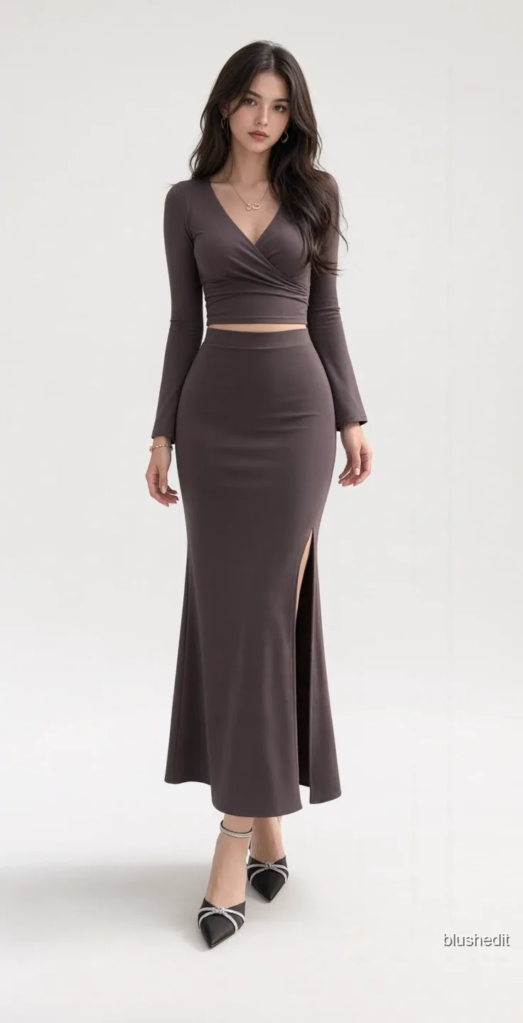 Dark Brown Wrap Set With a Slit