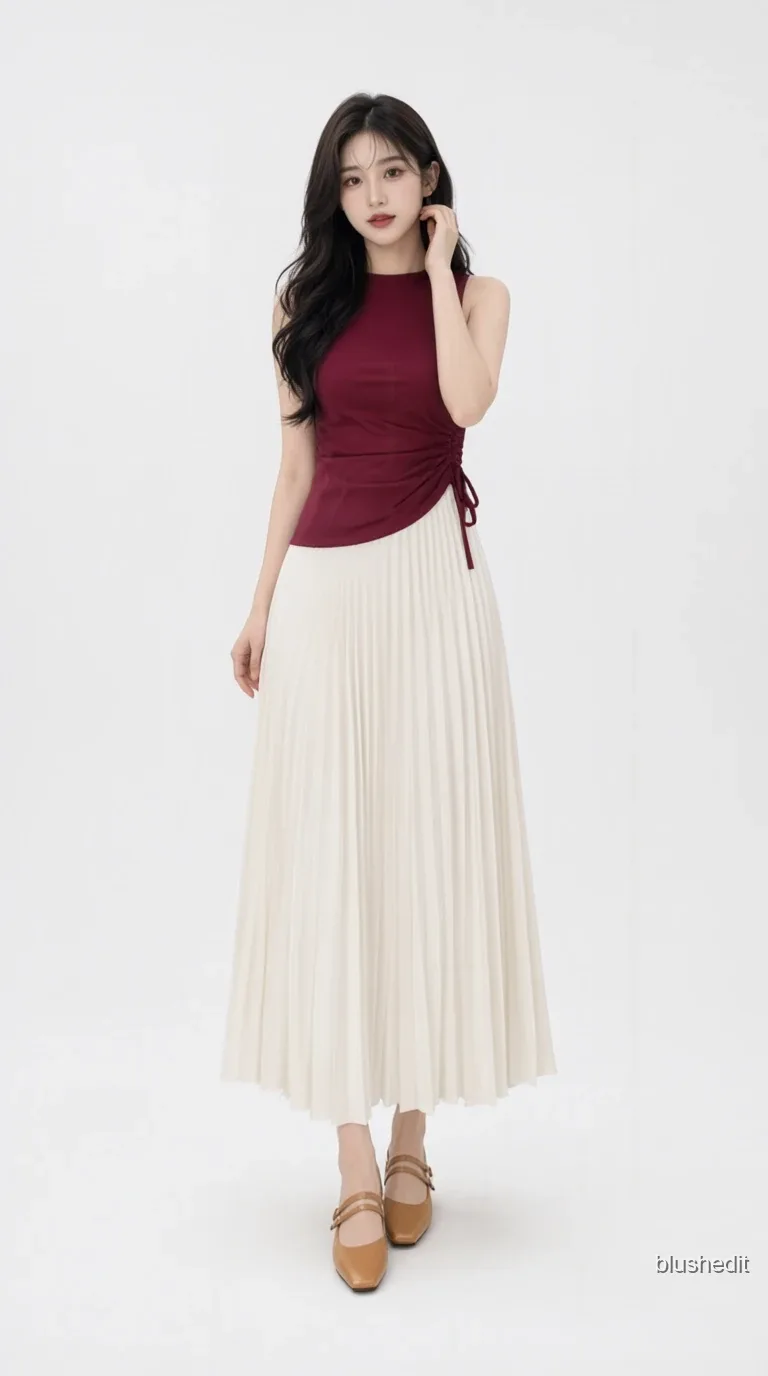 Burgundy Top and Cream Pleats