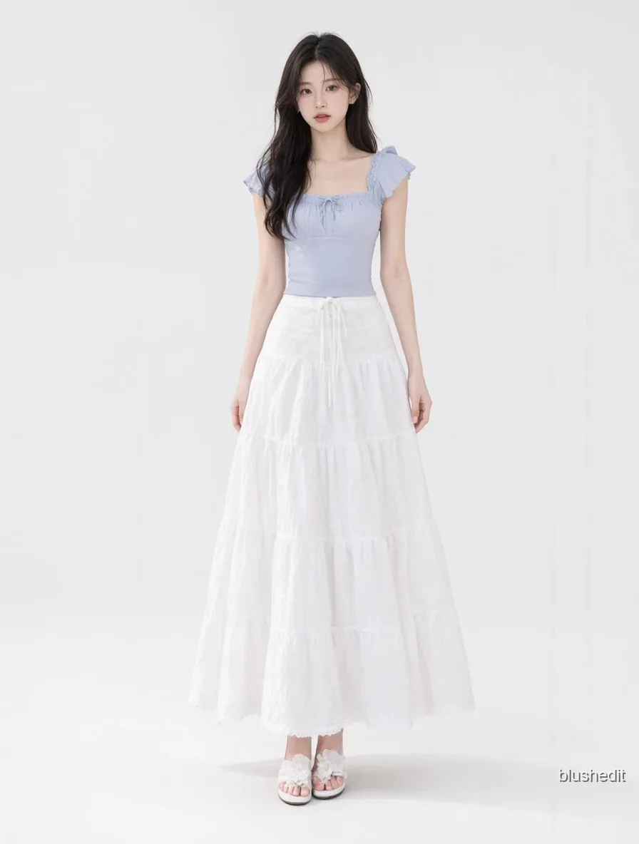 Blue Flutter Sleeves and White Tiers