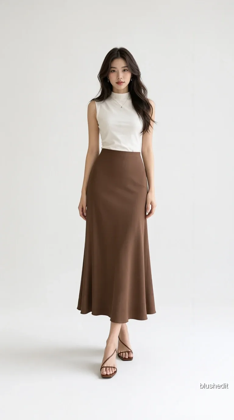 White Mock-Neck and Brown Satin