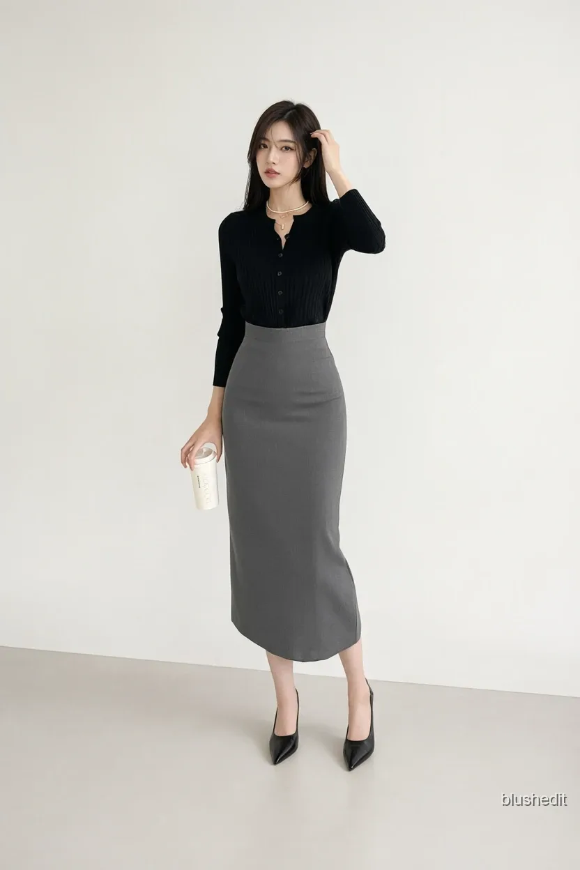 Black Ribbed Knit and Grey Pencil Skirt