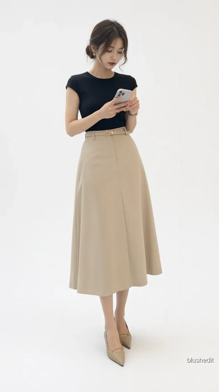 Black Tee and Belted Beige Midi