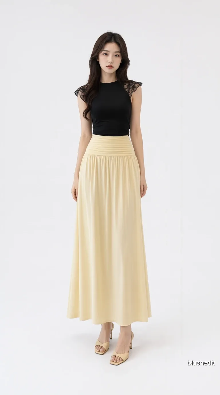 Black Lace Cap Sleeve and Yellow Maxi